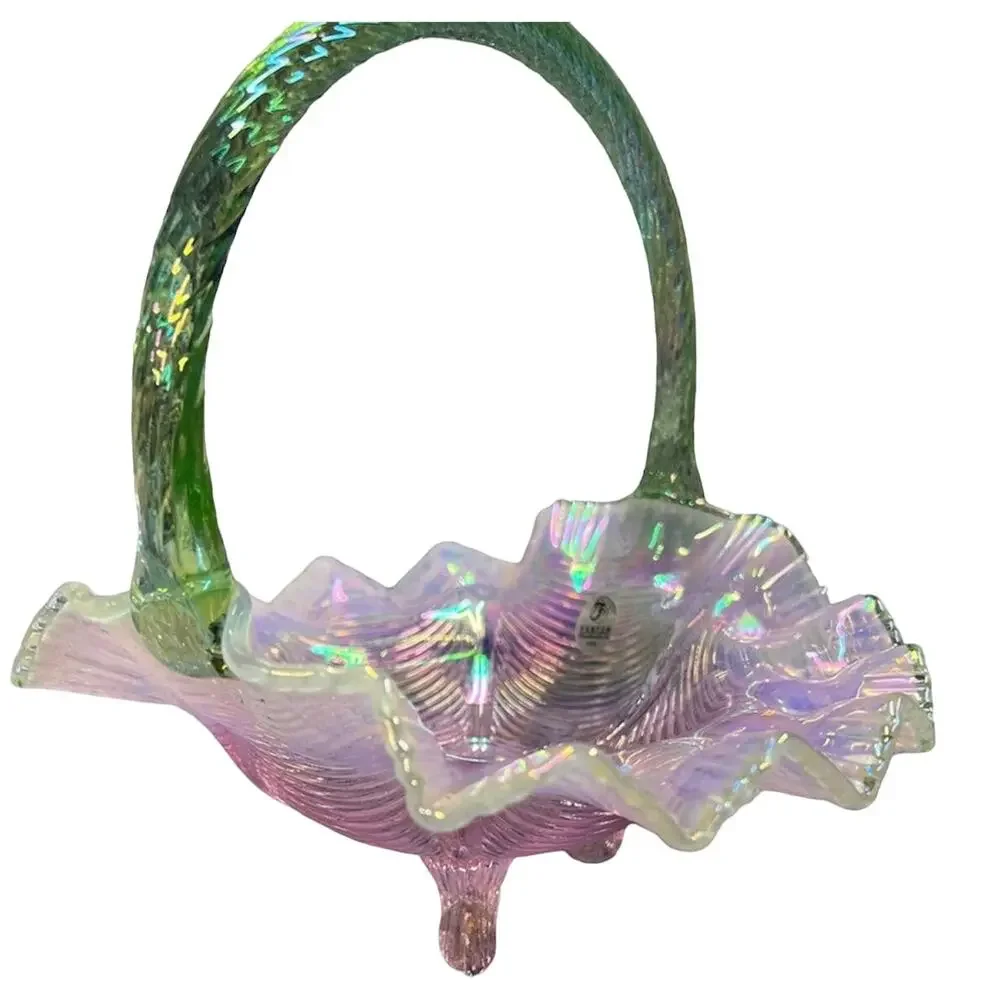 Fenton Pink Chiffon Basket w/Apple Green Handle